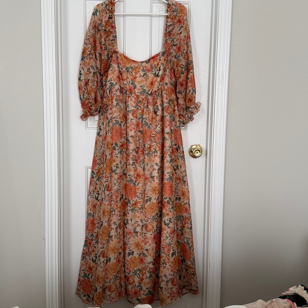 Morning Lavender Women’s Orange Floral Puff Sleeve Baby DollMaxi Dress Size 1XL - Picture 10 of 14